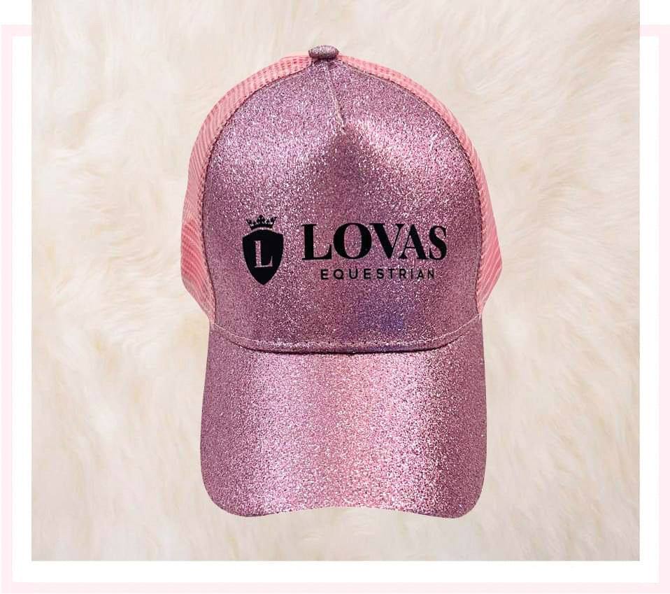 Sparkly pink Lovas Equestrian messy bun hat