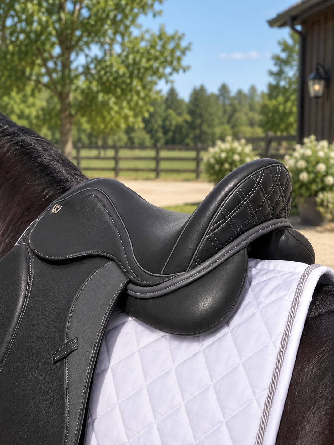 A close-up of a black leather horse saddle with a white quilted saddle pad, shown on a horse in an outdoor stable setting with trees and a barn in the background.