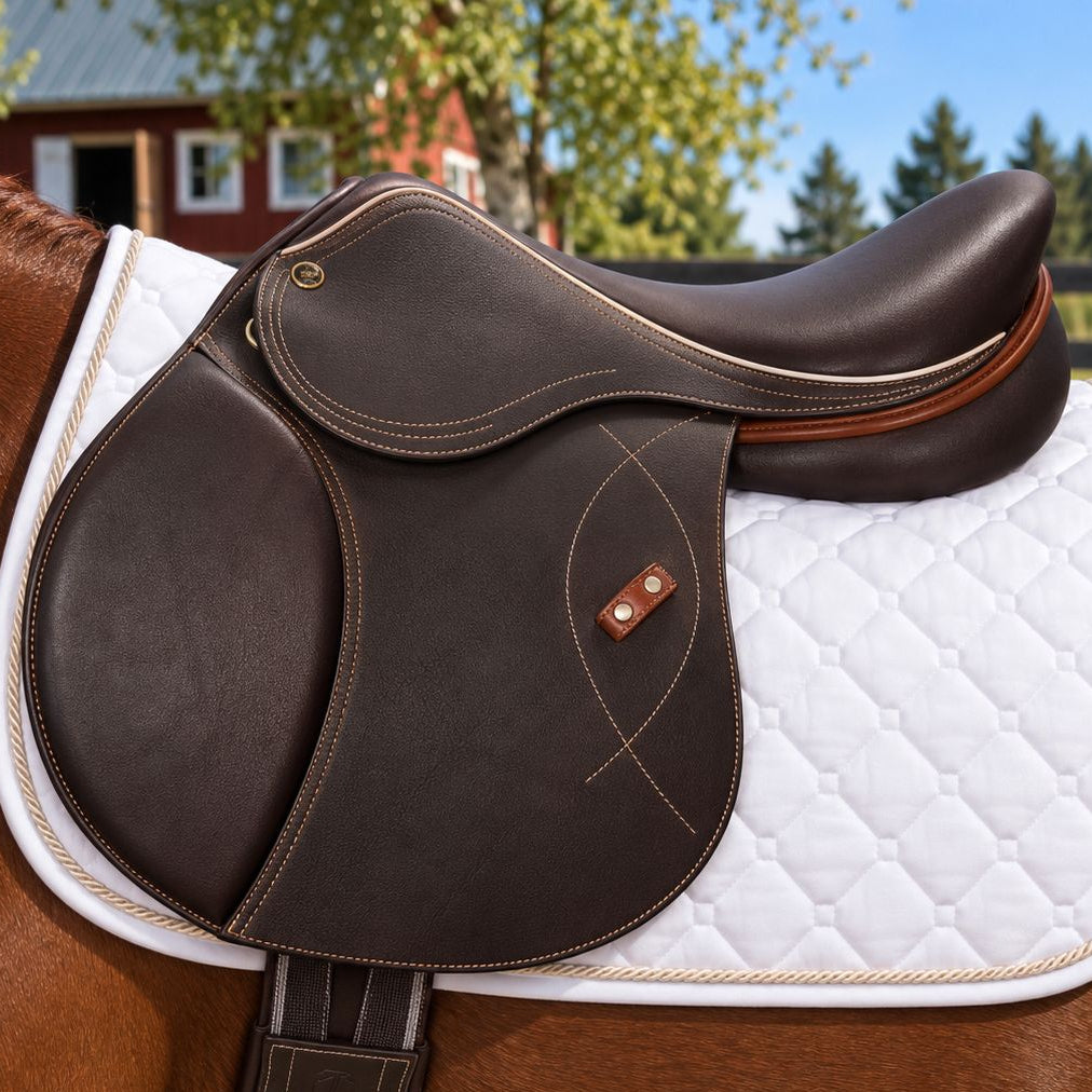A dark brown leather horse saddle with white and tan stitching, resting on a white quilted saddle pad over a brown horse, with an outdoor stable background visible.