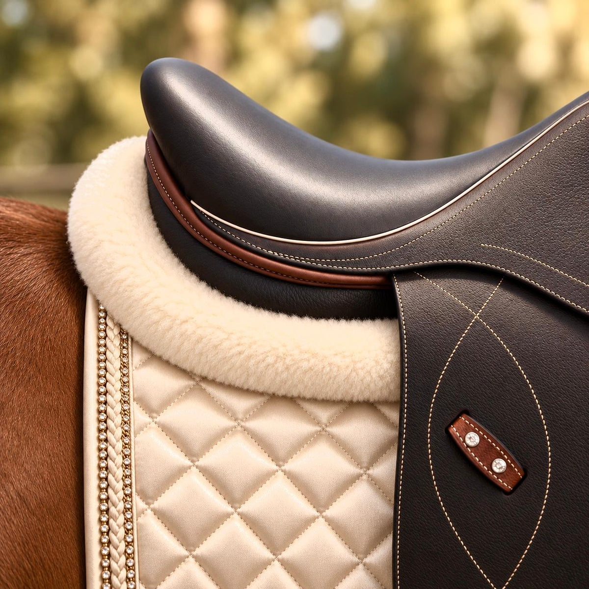 Close-up of an equestrian saddle with a dark brown leather seat, cream sherpa fleece underpad, and quilted cream saddle pad, shown on a horse with a blurred outdoor background.