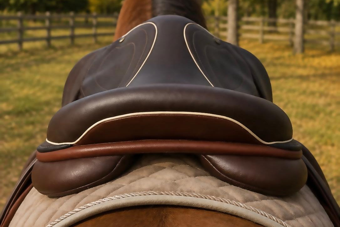 A close-up rear view of a horse wearing a dark brown leather western saddle with a beige quilted pad, set against an outdoor autumn landscape with yellow trees and a fence.