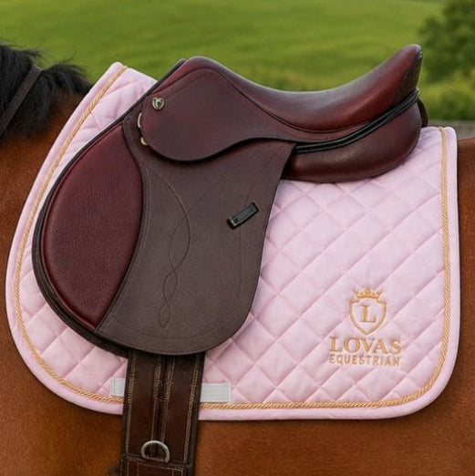 A chestnut horse in an outdoor paddock wearing a dark brown leather bridle and saddle with a light pink quilted saddle pad. The background shows green trees and grass under a cloudy sky.