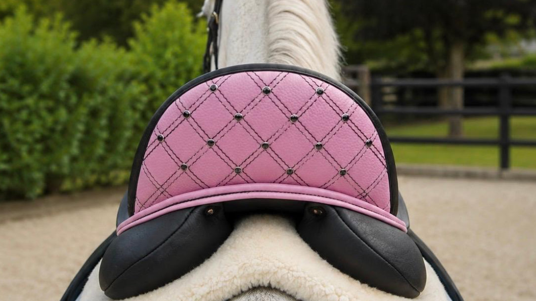 A pink quilted equestrian saddle pad with black trim and small rhinestone accents, shown on a horse from behind in an outdoor stable setting.