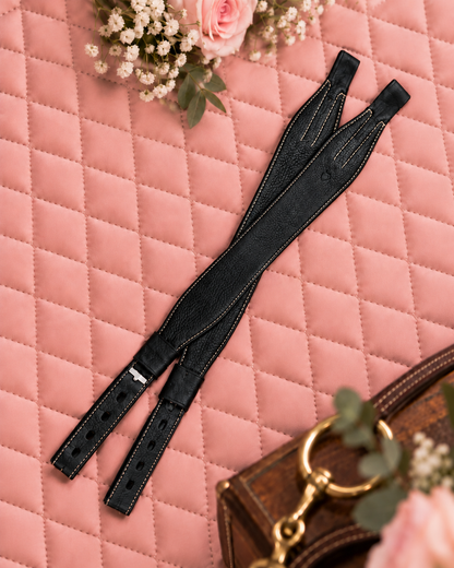Lure Calfskin Stability Mono-Stirrup Leathers - Black with Sweet Cream Stitching