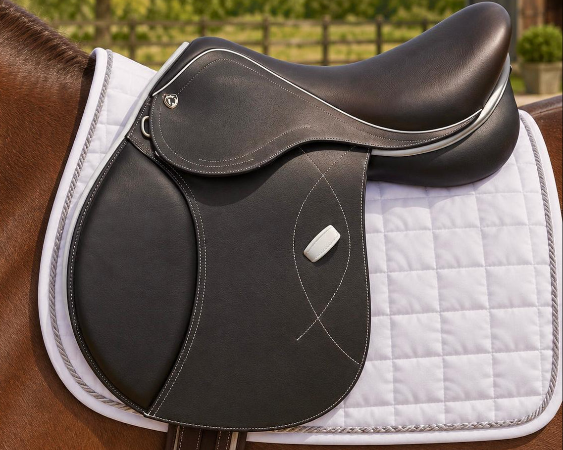 A dark charcoal gray leather equestrian saddle with white contrast stitching, shown on a brown horse with a white quilted saddle pad in an outdoor stable setting.